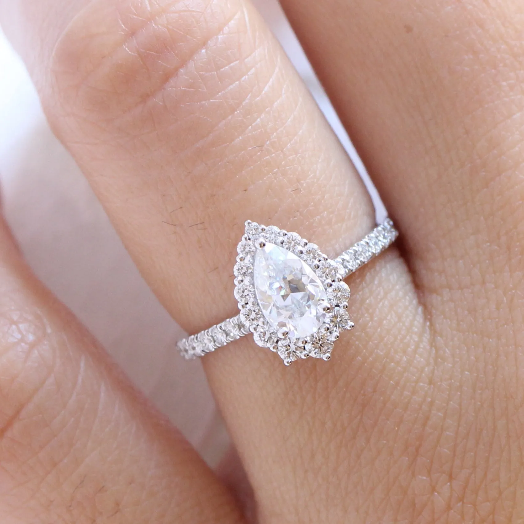 Pear Moissanite Diamond Ring in 14k White Gold Tiara Halo Pave Band, Size 5.75
