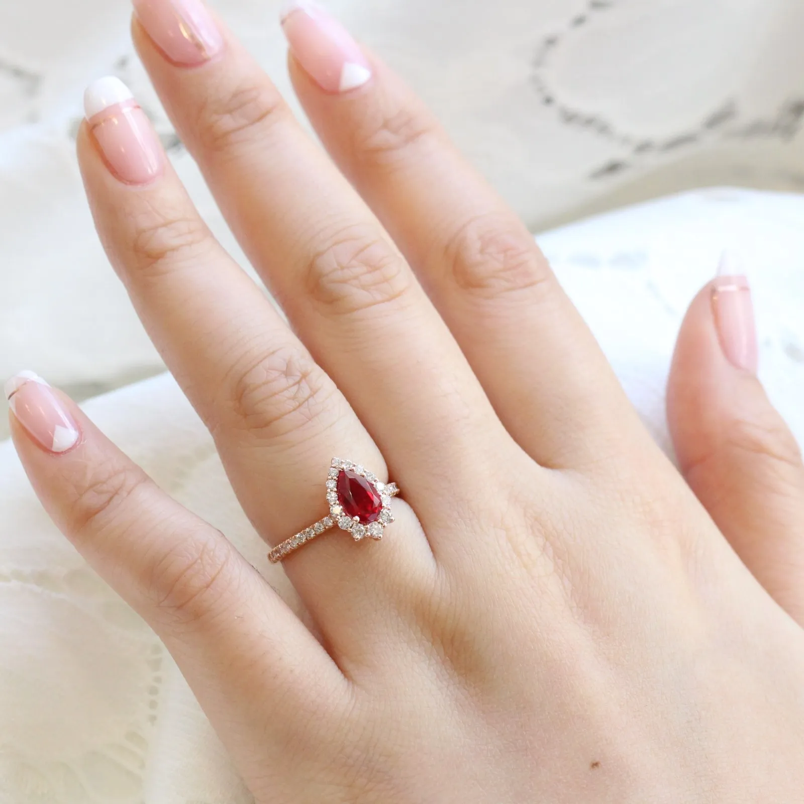 Pear Ruby Engagement Ring in Tiara Halo Diamond Pave Band