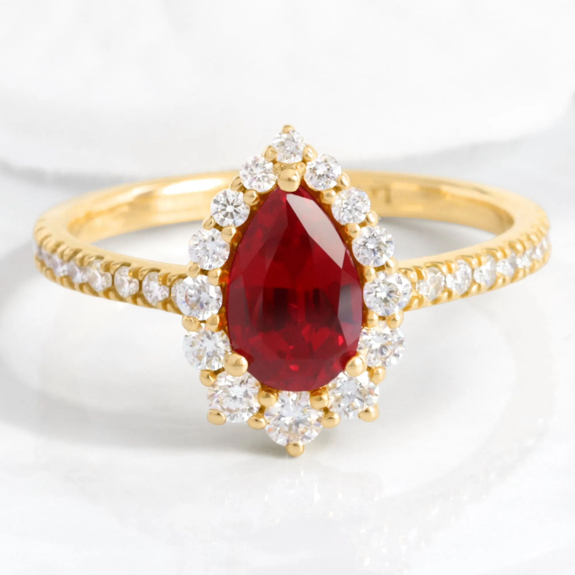 Pear Ruby Engagement Ring in Tiara Halo Diamond Pave Band