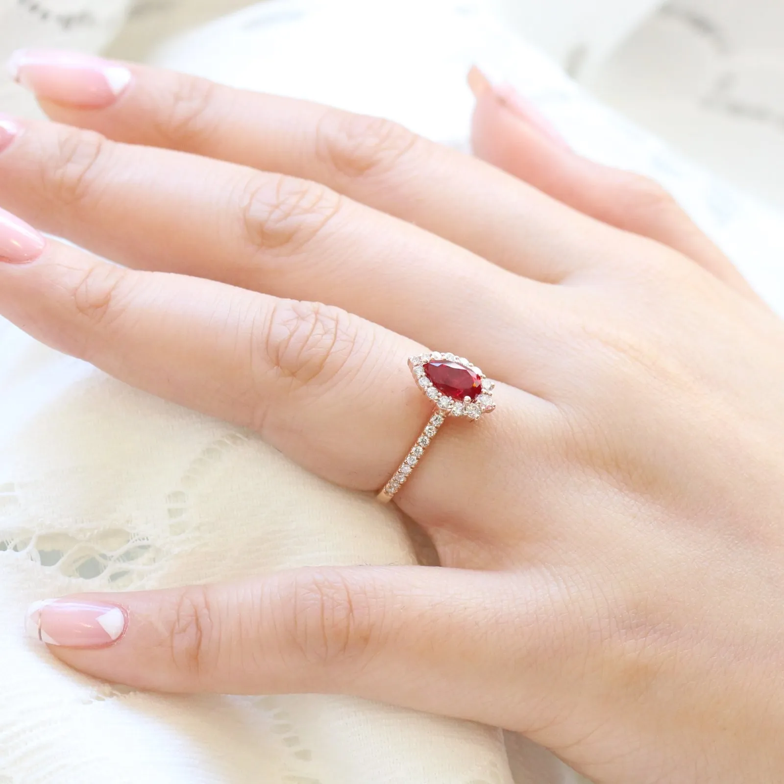 Pear Ruby Engagement Ring in Tiara Halo Diamond Pave Band
