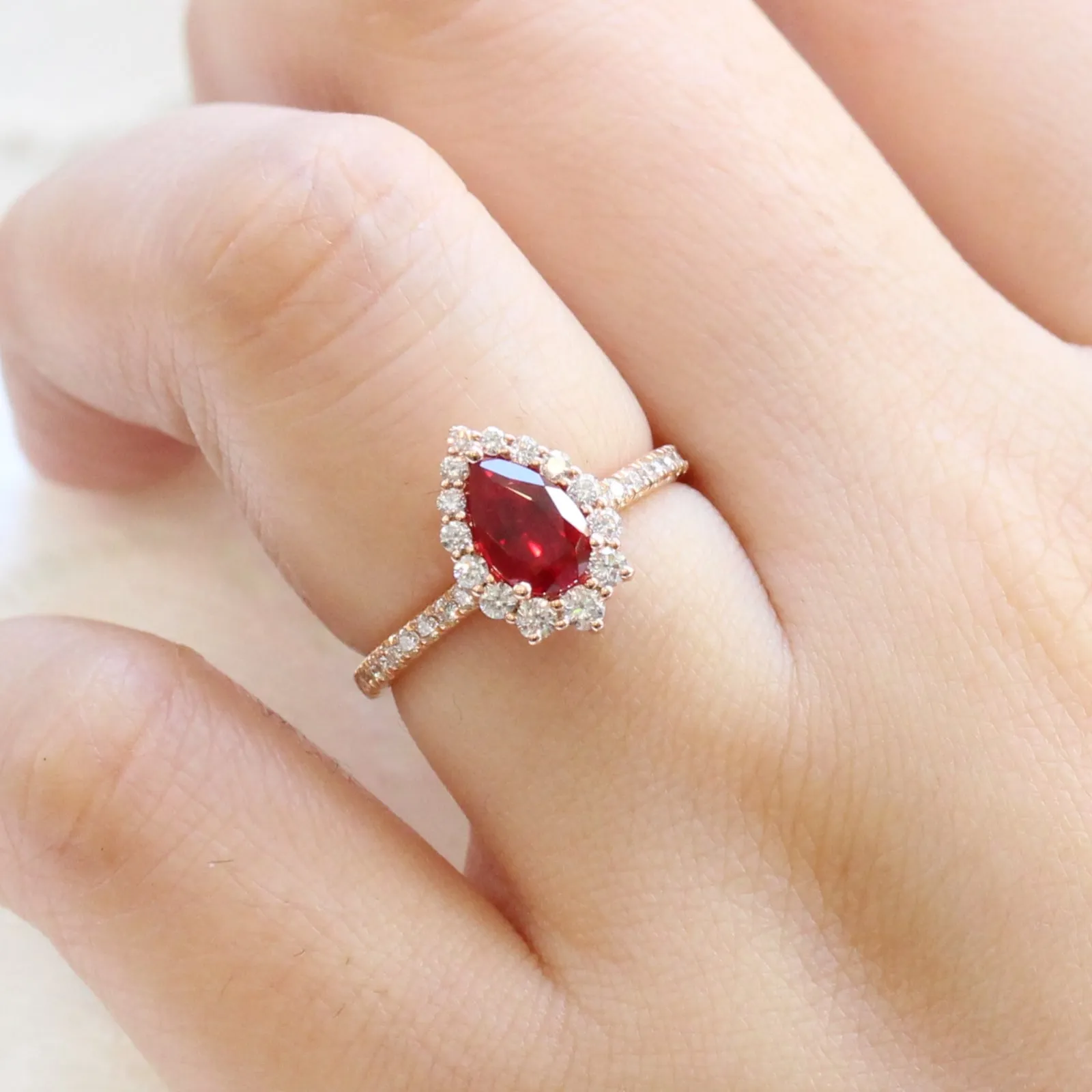 Pear Ruby Engagement Ring in Tiara Halo Diamond Pave Band