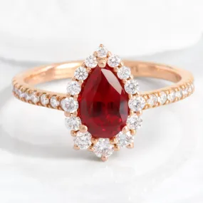 Pear Ruby Engagement Ring in Tiara Halo Diamond Pave Band