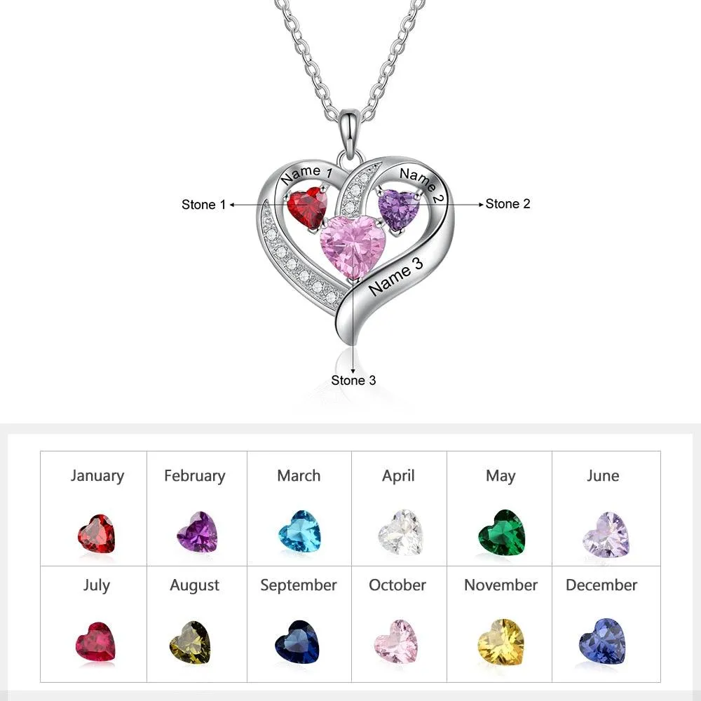 Personalized Romantic Heart Pendant Necklace – 3 Names Engravable With Birthstones