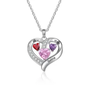 Personalized Romantic Heart Pendant Necklace – 3 Names Engravable With Birthstones