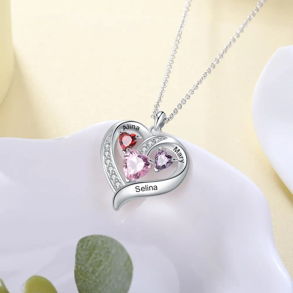 Personalized Romantic Heart Pendant Necklace – 3 Names Engravable With Birthstones