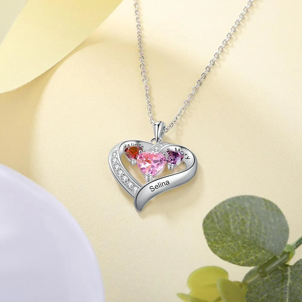 Personalized Romantic Heart Pendant Necklace – 3 Names Engravable With Birthstones