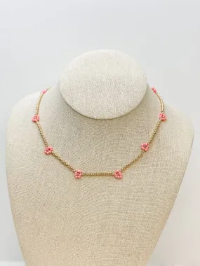 Pink Flower Beaded Station Necklace