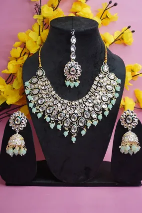 Pista green Heavy kundan necklace with Earring & Maang Tikka
