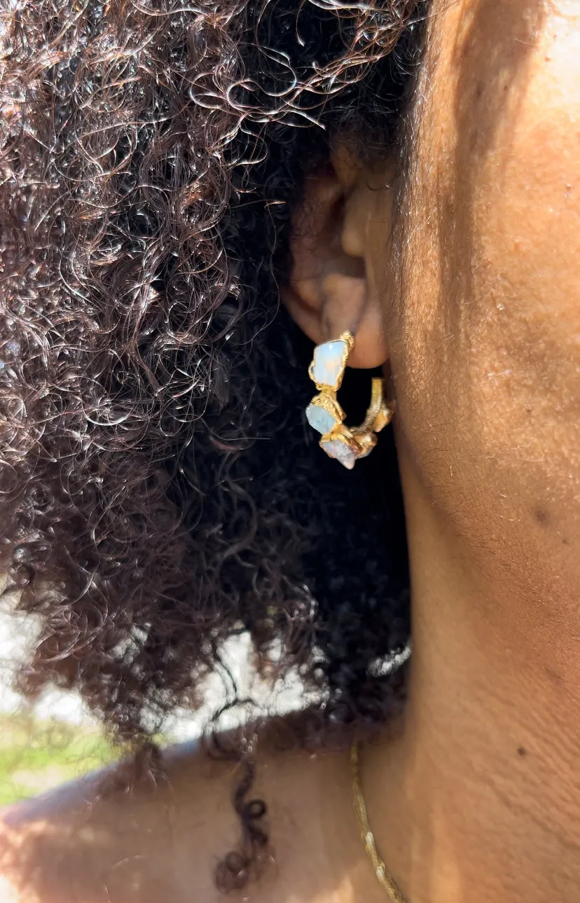 (READY TO SHIP) Raw Stone Opal Mermaid Hoop Earrings / Small