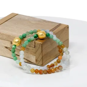 RealJade® "Lucky Cat" Genuine High-quality Jade Jadeite Colorful Bracelet Bangle with 24k Yellow Gold Cat Charm #413