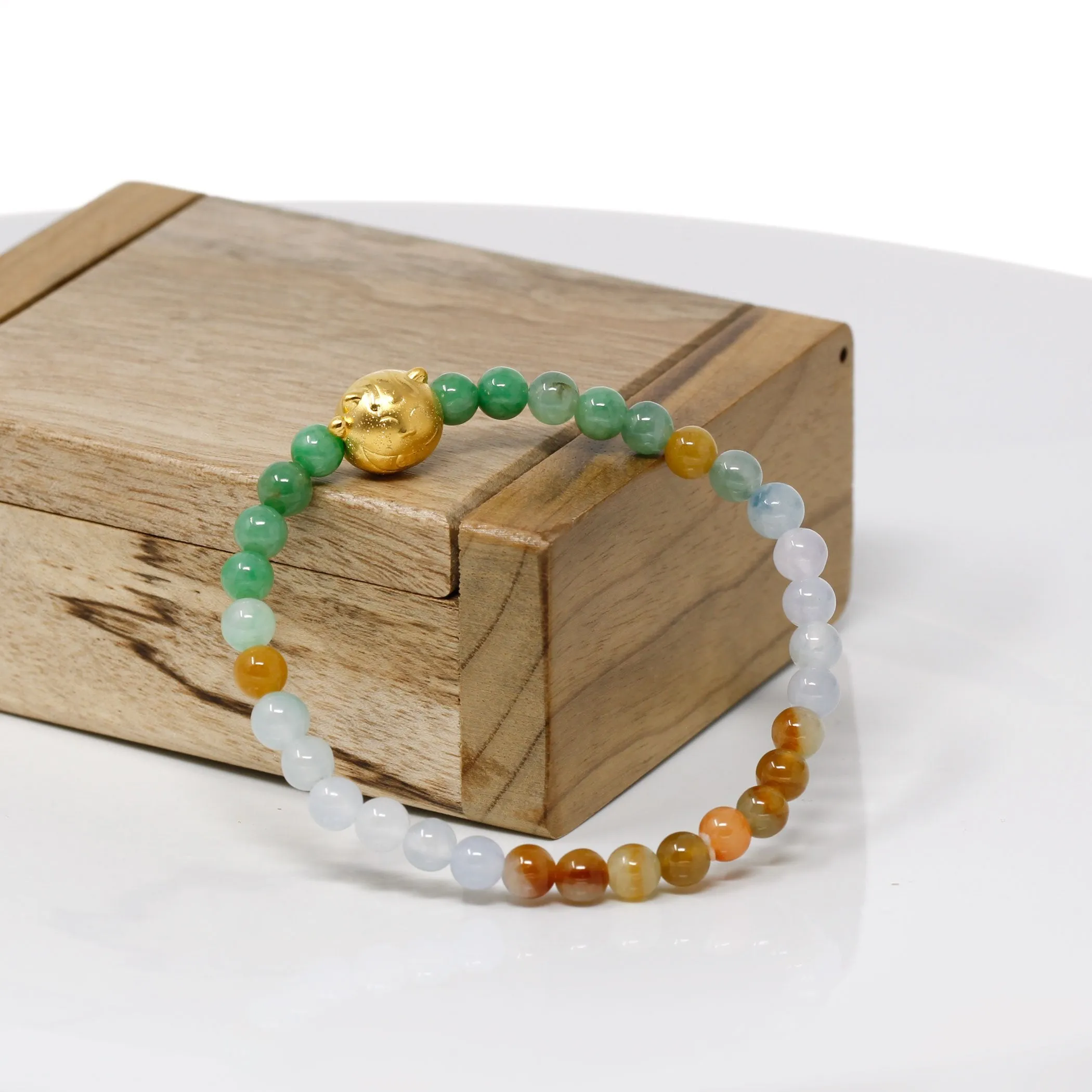 RealJade® "Lucky Cat" Genuine High-quality Jade Jadeite Colorful Bracelet Bangle with 24k Yellow Gold Cat Charm #413