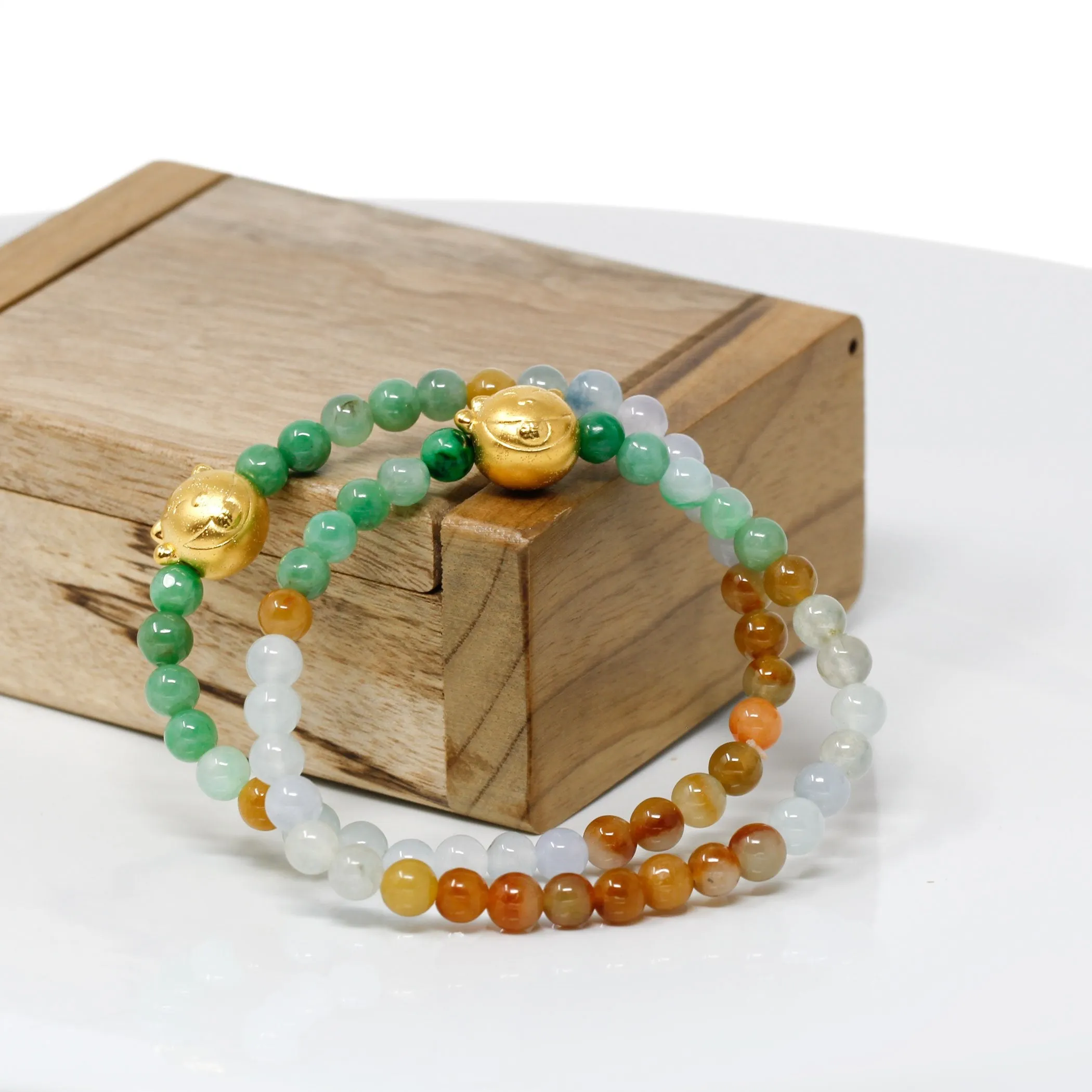 RealJade® "Lucky Cat" Genuine High-quality Jade Jadeite Colorful Bracelet Bangle with 24k Yellow Gold Cat Charm #413