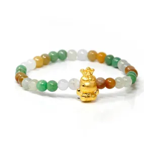 RealJade® "The Frog Prince" Multi-colored Genuine High-quality Jade Jadeite Bracelet Bangle with 24k Yellow Gold Frog Charm Colorful #421