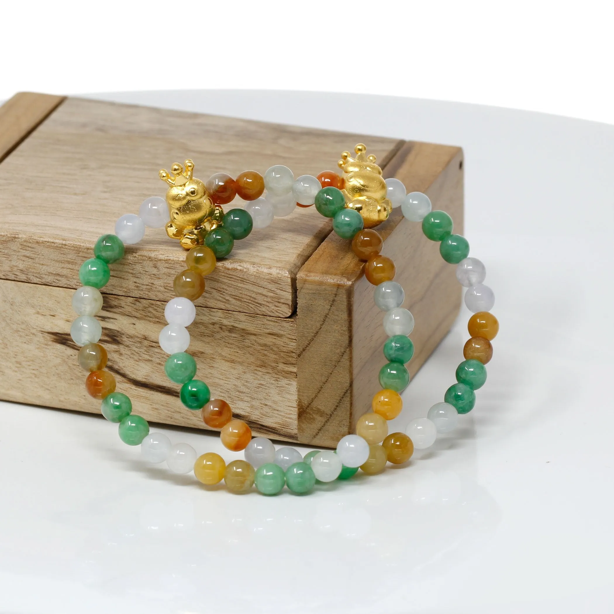 RealJade® "The Frog Prince" Multi-colored Genuine High-quality Jade Jadeite Bracelet Bangle with 24k Yellow Gold Frog Charm Colorful #421