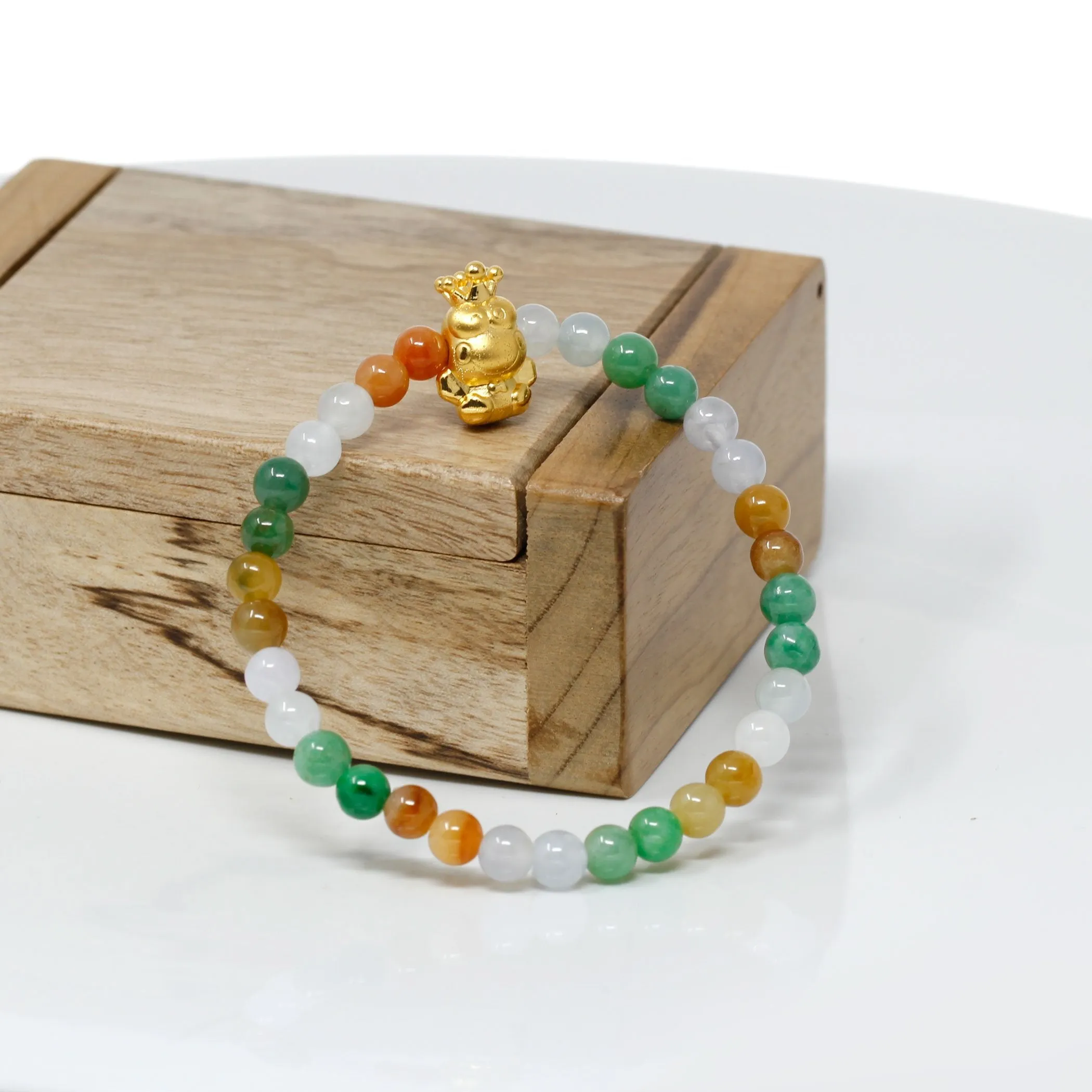 RealJade® "The Frog Prince" Multi-colored Genuine High-quality Jade Jadeite Bracelet Bangle with 24k Yellow Gold Frog Charm Colorful #421