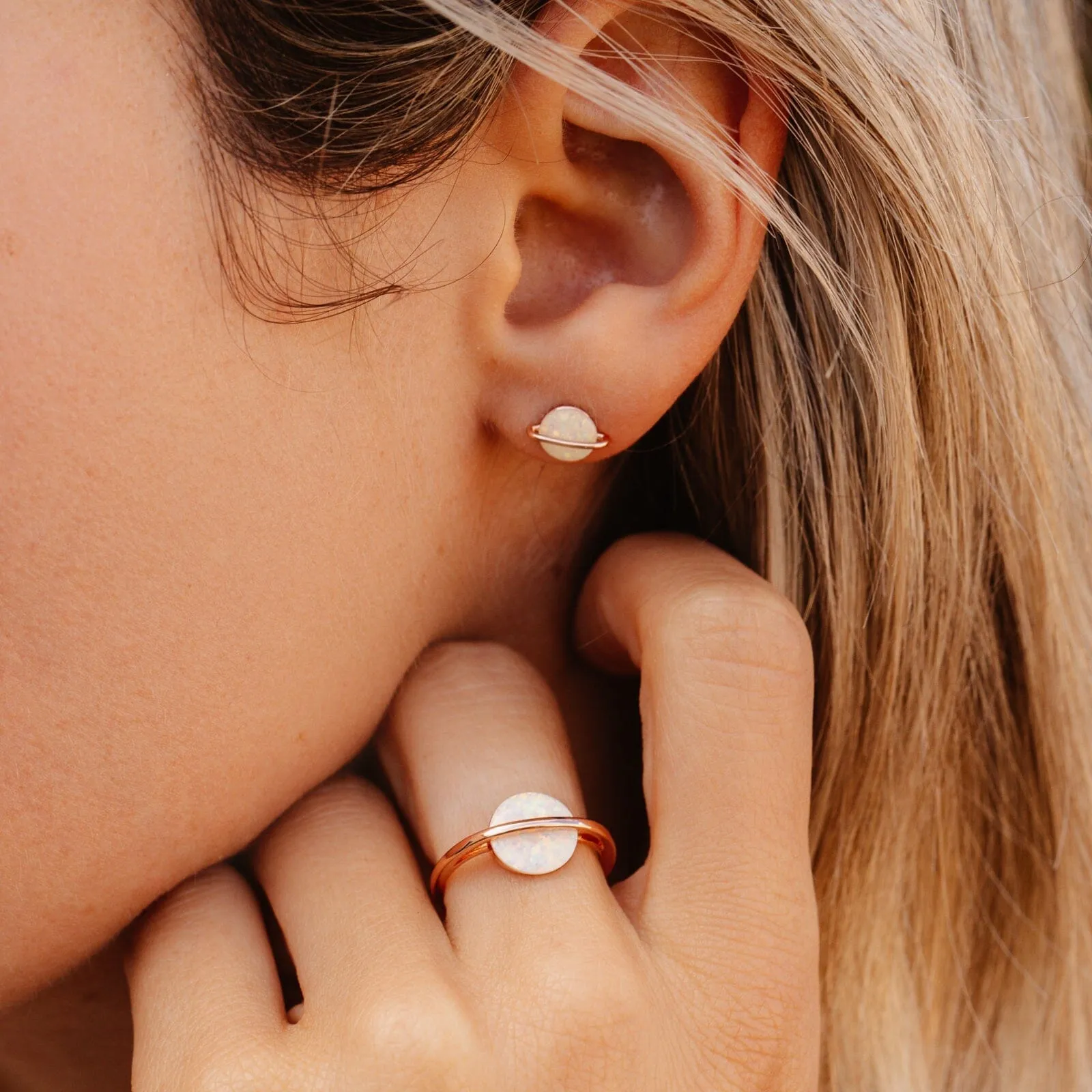 Rose Gold Opal Saturn Stud Earrings