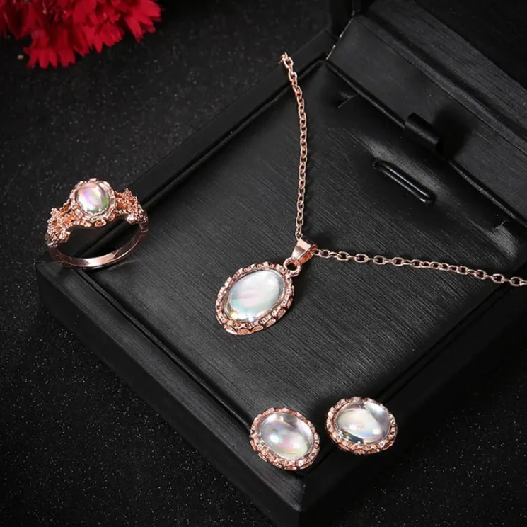 Rose Gold Opaline Cabochon Jewelry Set for Woman