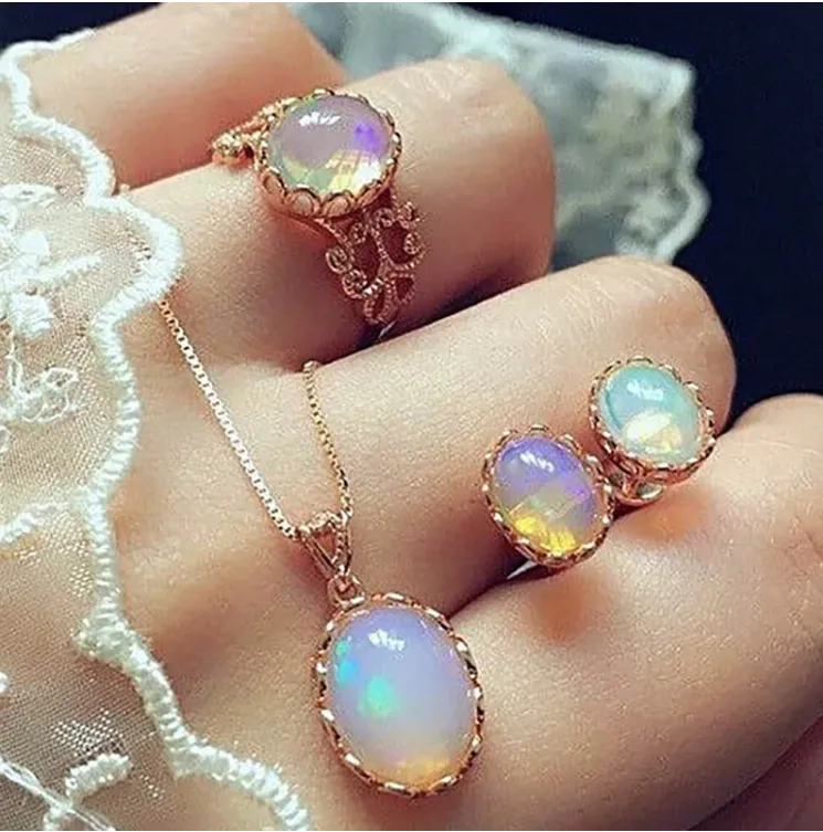 Rose Gold Opaline Cabochon Jewelry Set for Woman