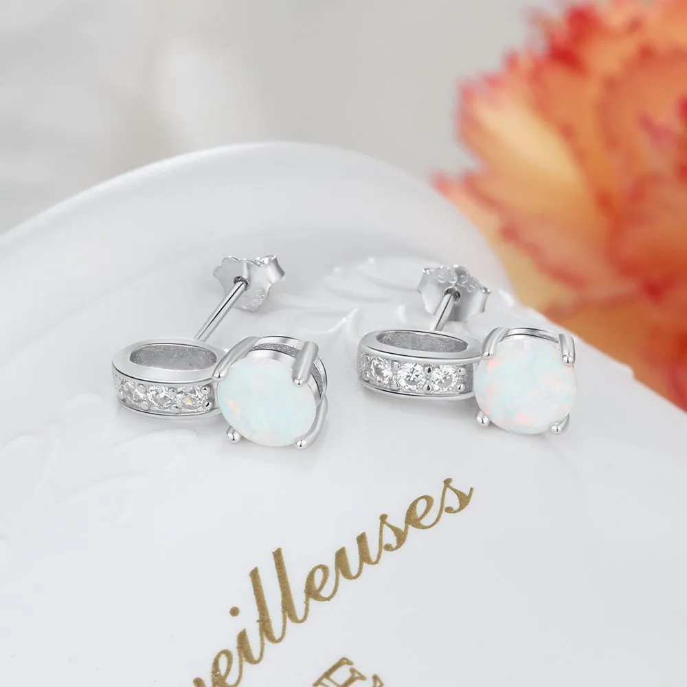 Round Opal with Zircon Circle Ring Sterling Silver Stud Earrings