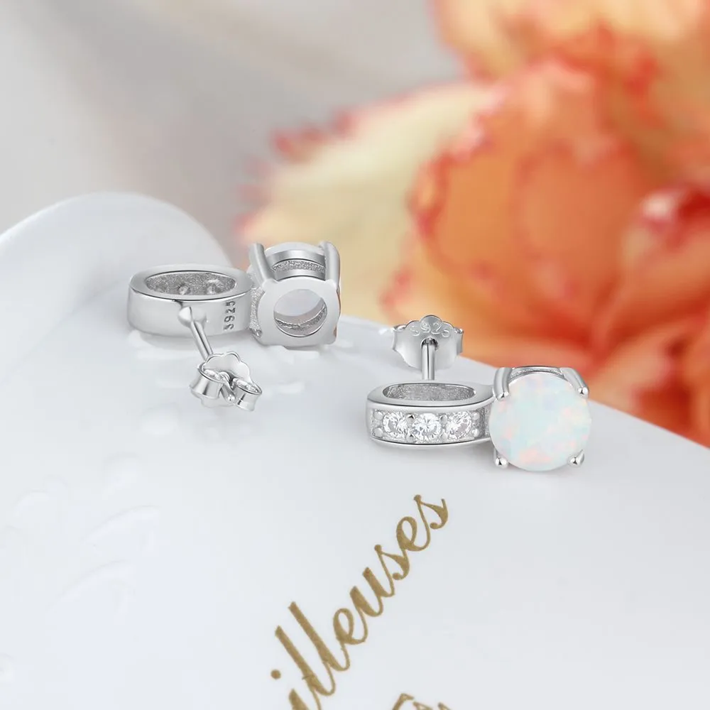 Round Opal with Zircon Circle Ring Sterling Silver Stud Earrings