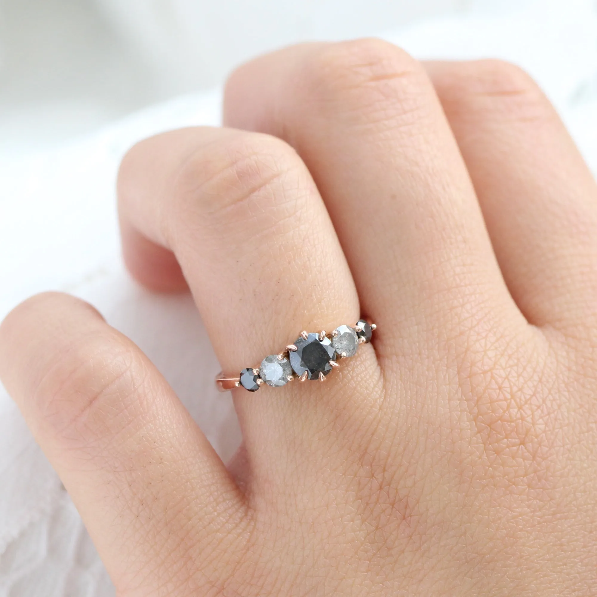 Salt and Pepper Black Diamond Ring in 14k Rose Gold 5 Stone Ring, Size 7