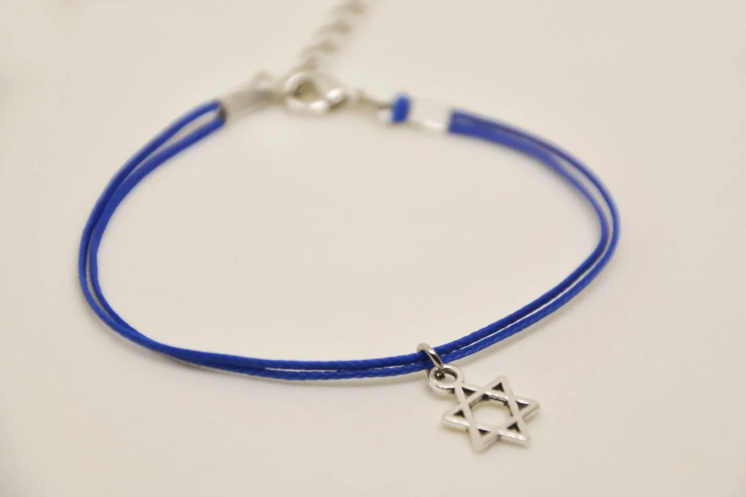 Silver Star of David bracelet, blue cord, handmade Jewish gift for her