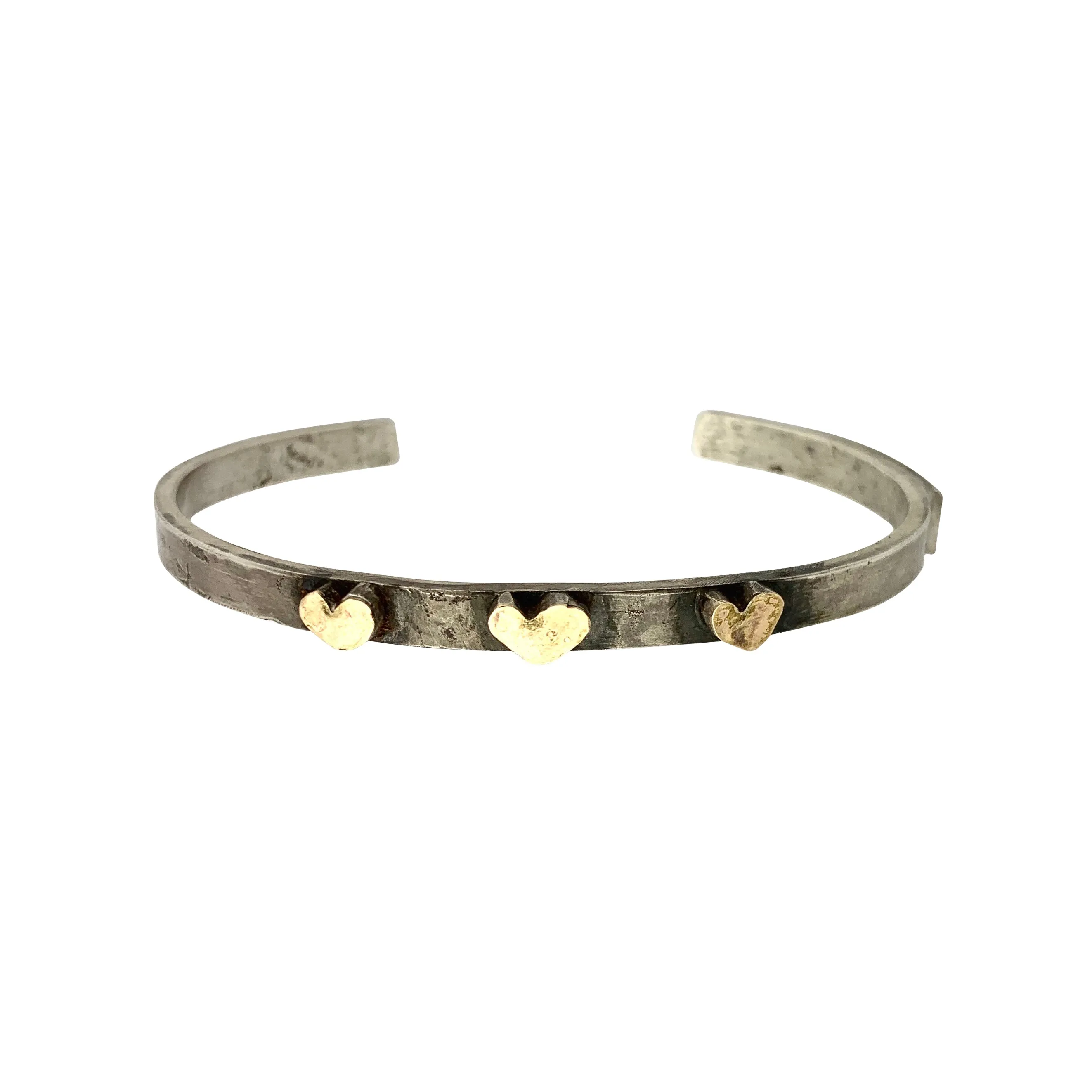 Sterling Silver Cuff Bracelet with 3 Gold Freeform Fearless Hearts