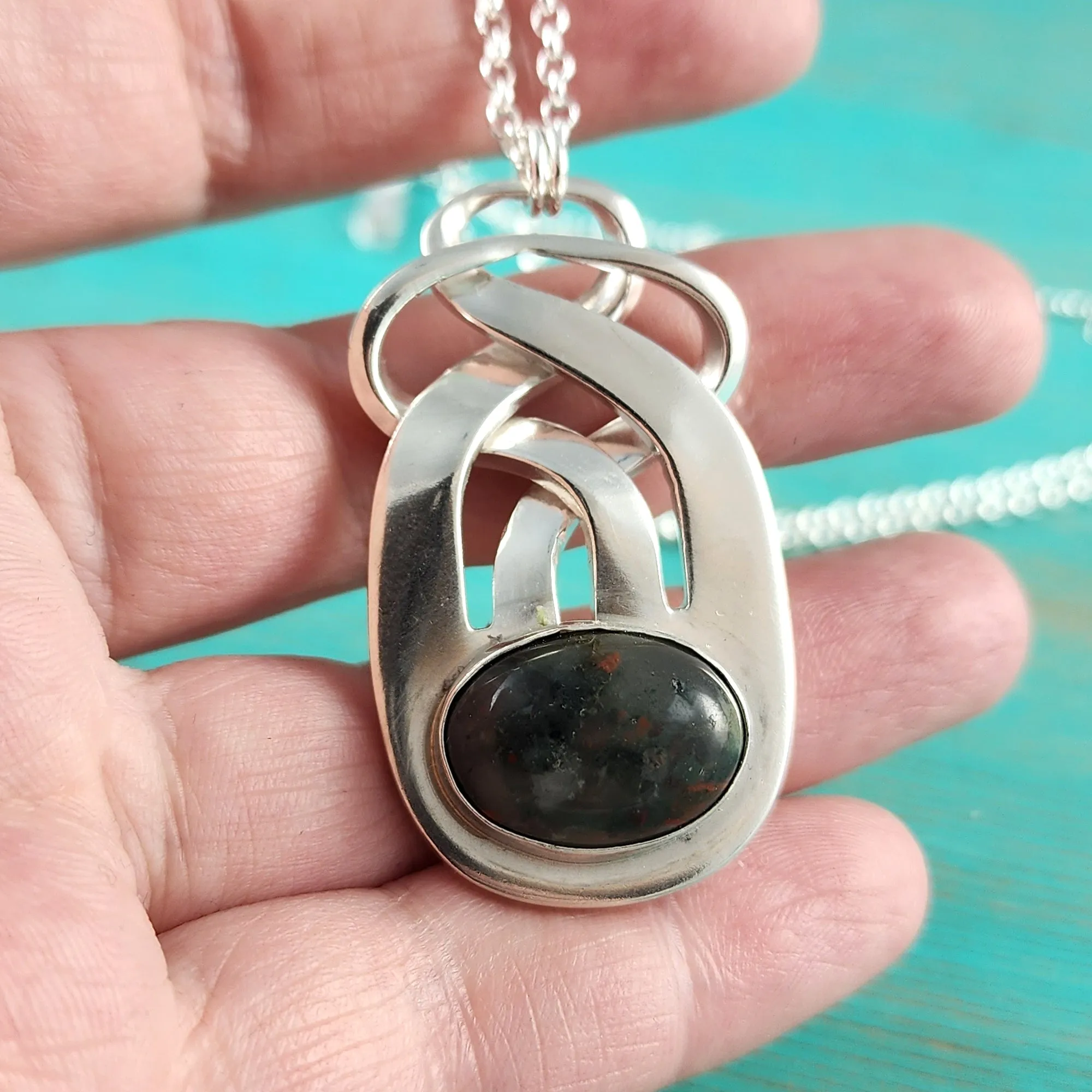 Sterling Silver Dragon's Blood Jasper Twisted Fork Pendant