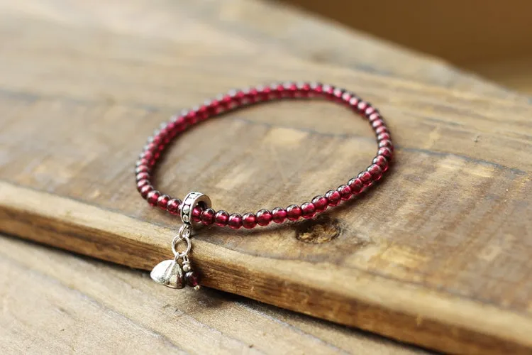 Sterling Silver Garnet Beaded Bracelet Handmade January Birthstone Jewelry for Women