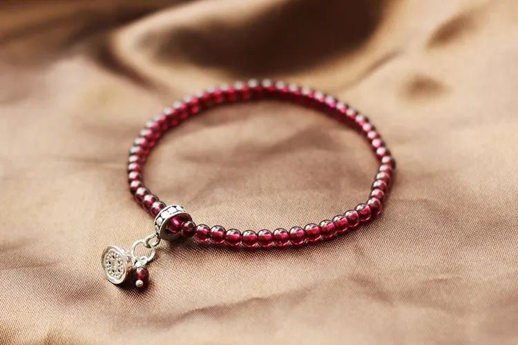 Sterling Silver Garnet Beaded Bracelet Handmade January Birthstone Jewelry for Women