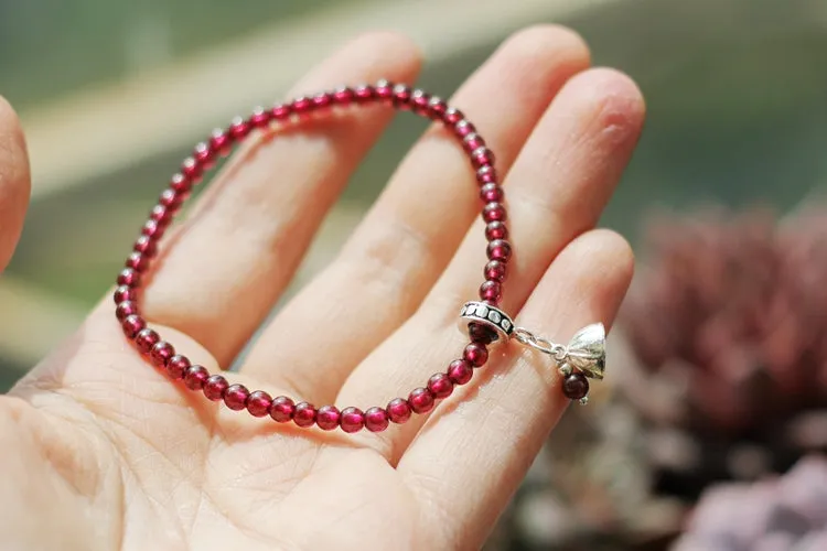 Sterling Silver Garnet Beaded Bracelet Handmade January Birthstone Jewelry for Women