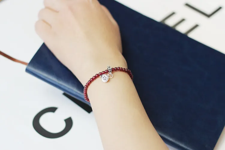 Sterling Silver Garnet Beaded Bracelet Handmade January Birthstone Jewelry for Women