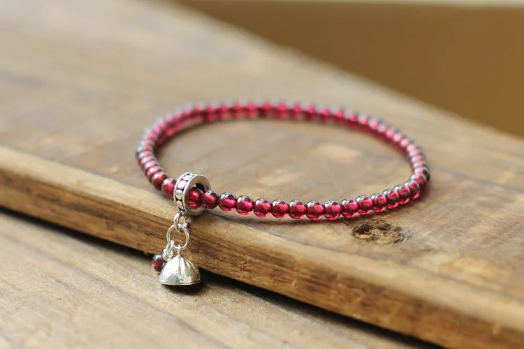 Sterling Silver Garnet Beaded Bracelet Handmade January Birthstone Jewelry for Women