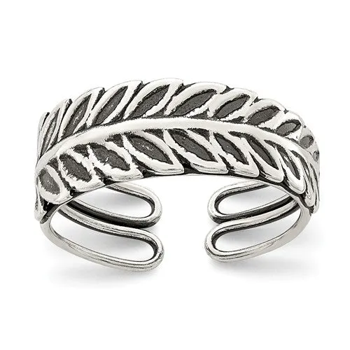 Sterling Silver Leaf Feather Antiqued Finish Toe Ring