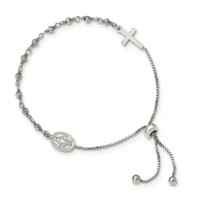 Sterling Silver Miraculous Medal and Cross Adjustable Bolo Bracelet
