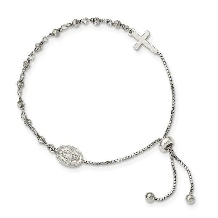 Sterling Silver Miraculous Medal and Cross Adjustable Bolo Bracelet