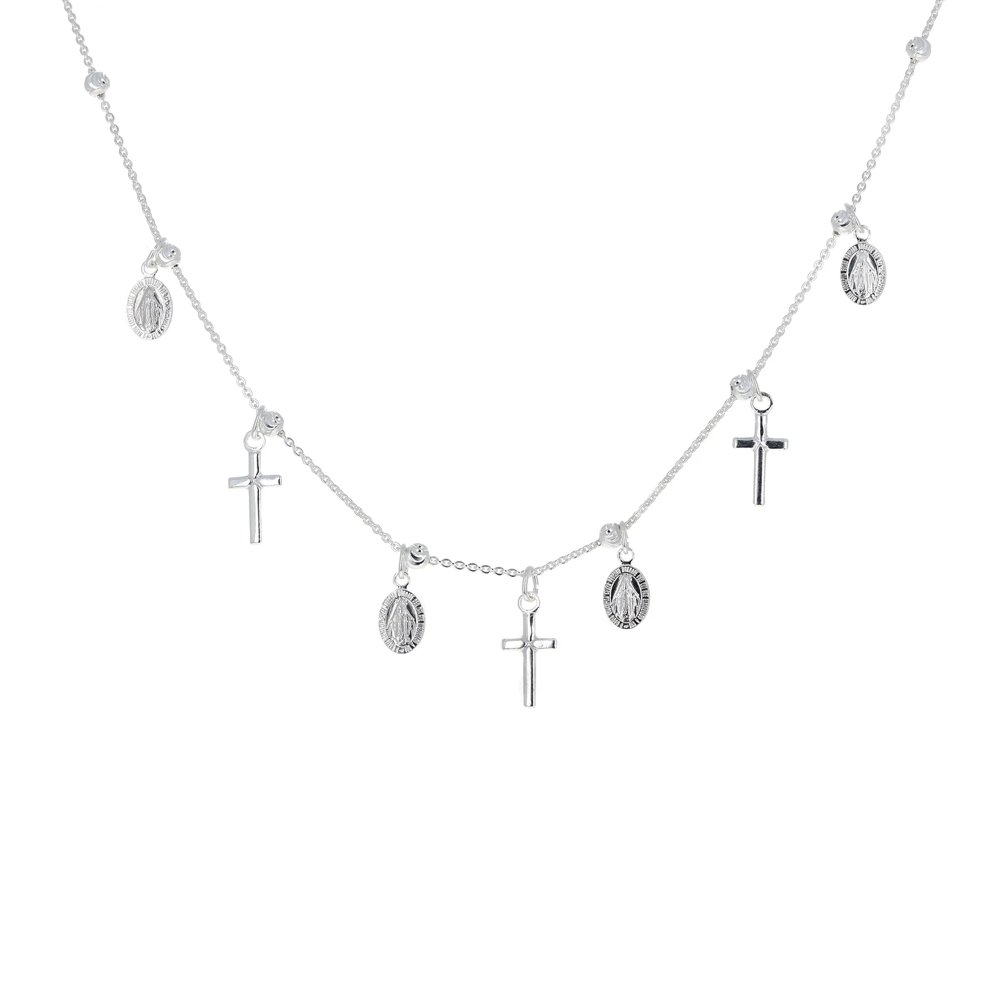 Sterling Silver Miraculous Medal and Tiny Cross Charm Set