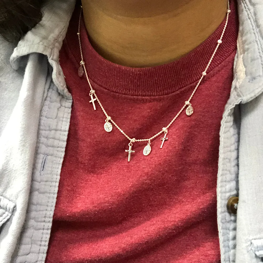 Sterling Silver Miraculous Medal and Tiny Cross Charm Set