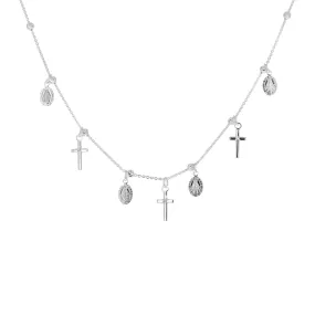 Sterling Silver Miraculous Medal and Tiny Cross Charm Set