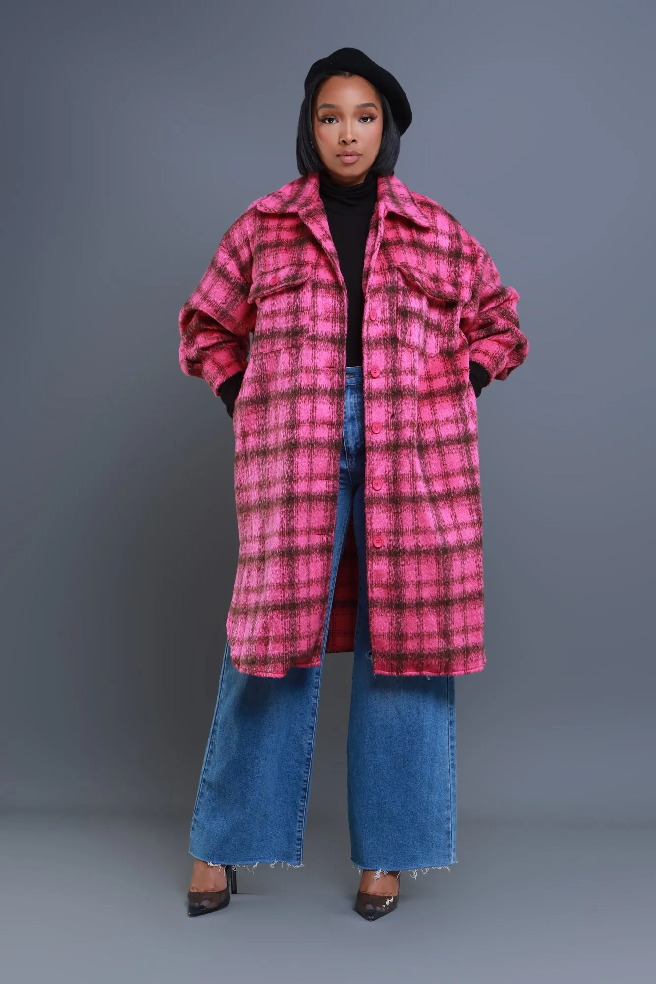 Stick With Me Oversized Flannel Coat - Pink