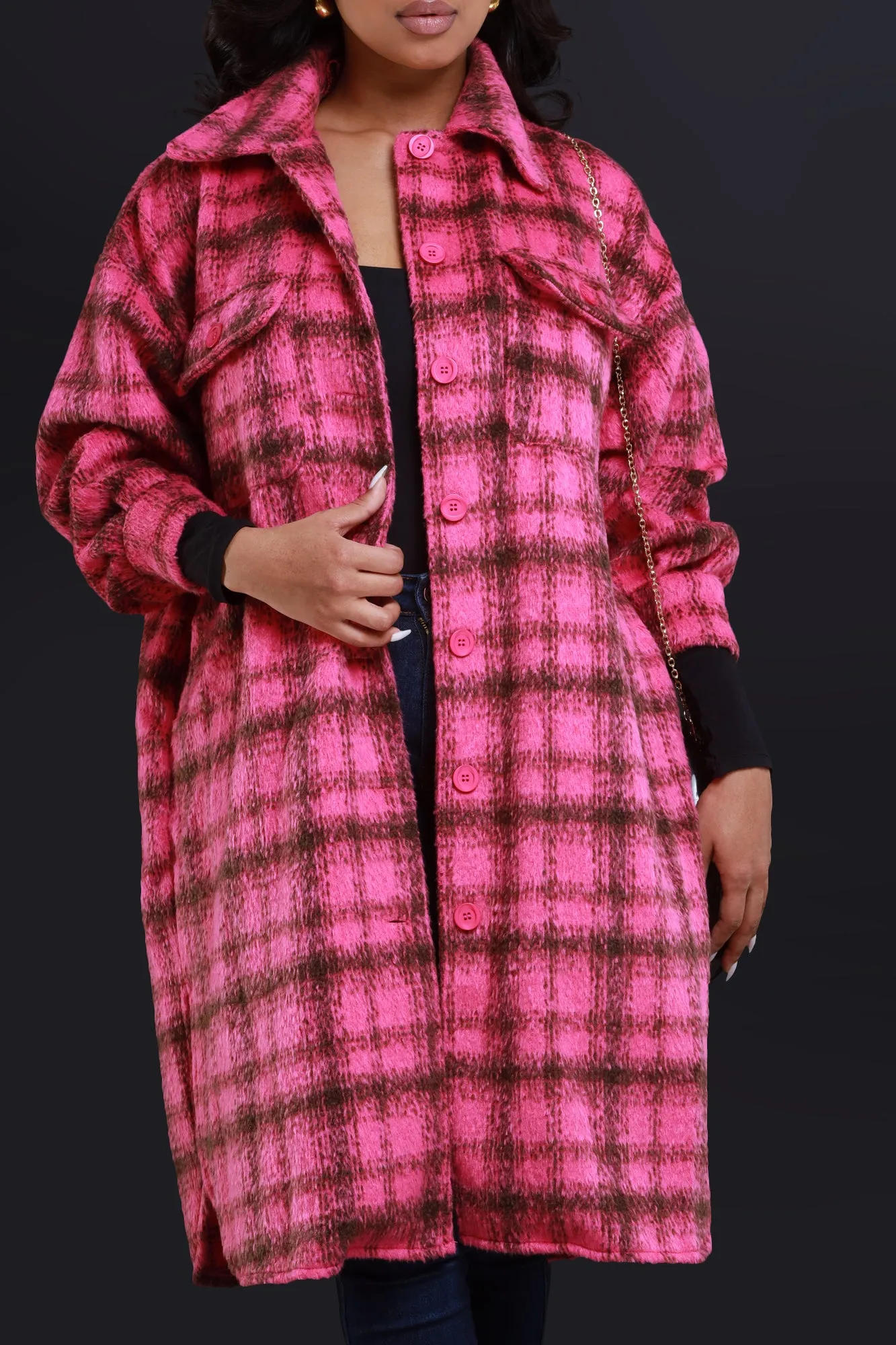 Stick With Me Oversized Flannel Coat - Pink
