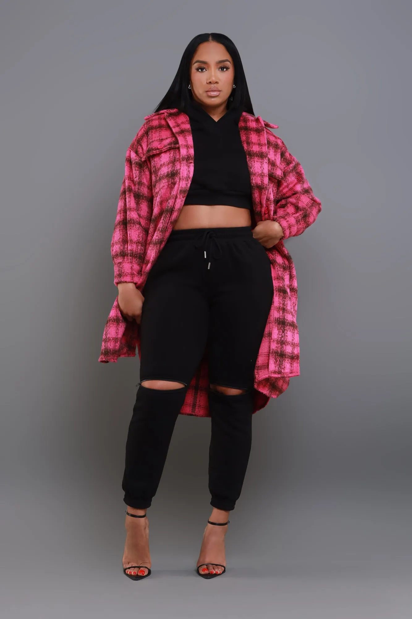 Stick With Me Oversized Flannel Coat - Pink