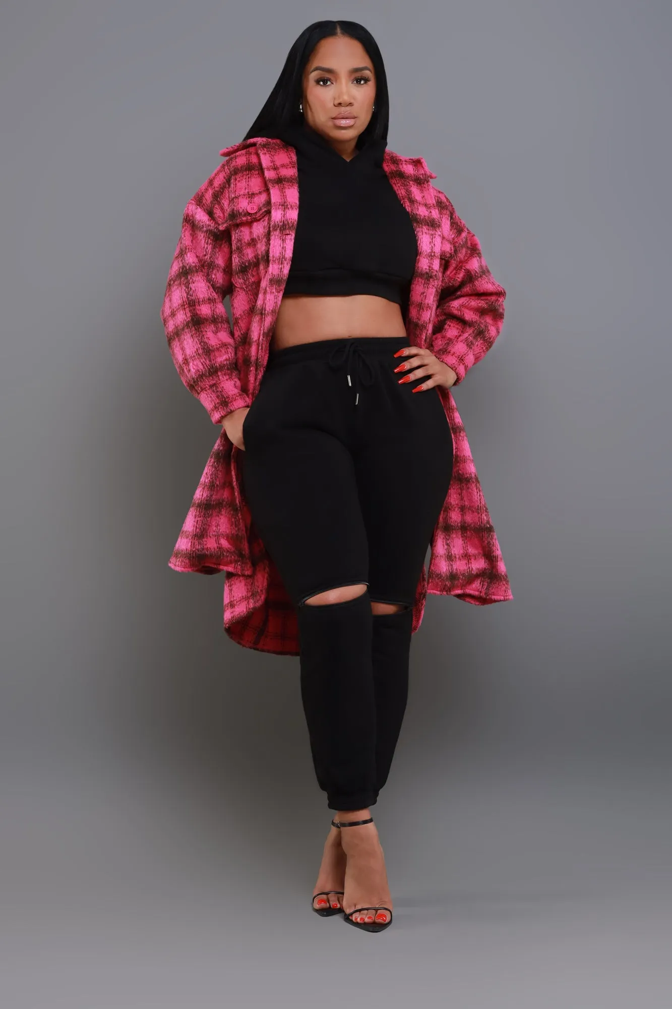 Stick With Me Oversized Flannel Coat - Pink