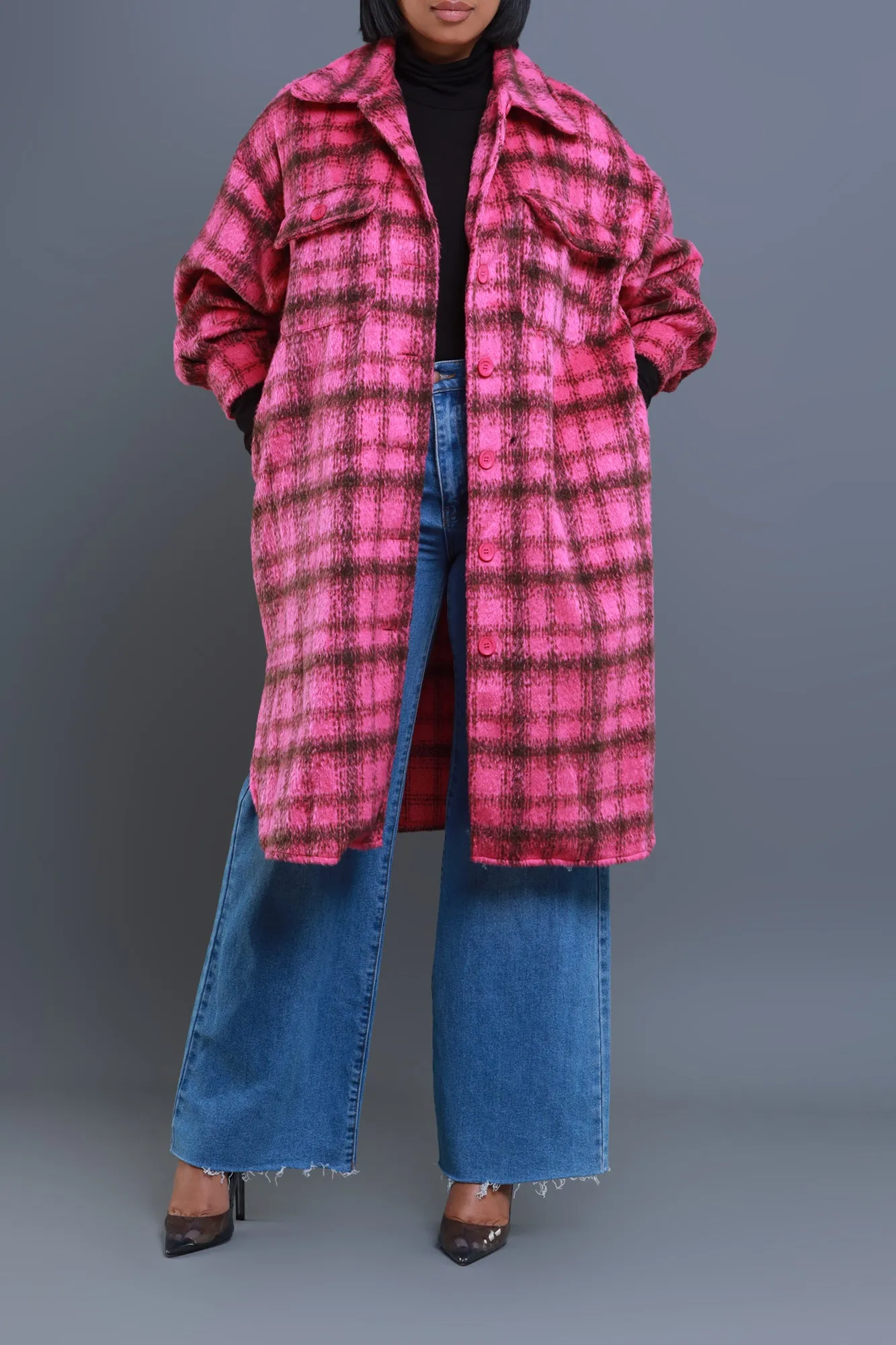 Stick With Me Oversized Flannel Coat - Pink