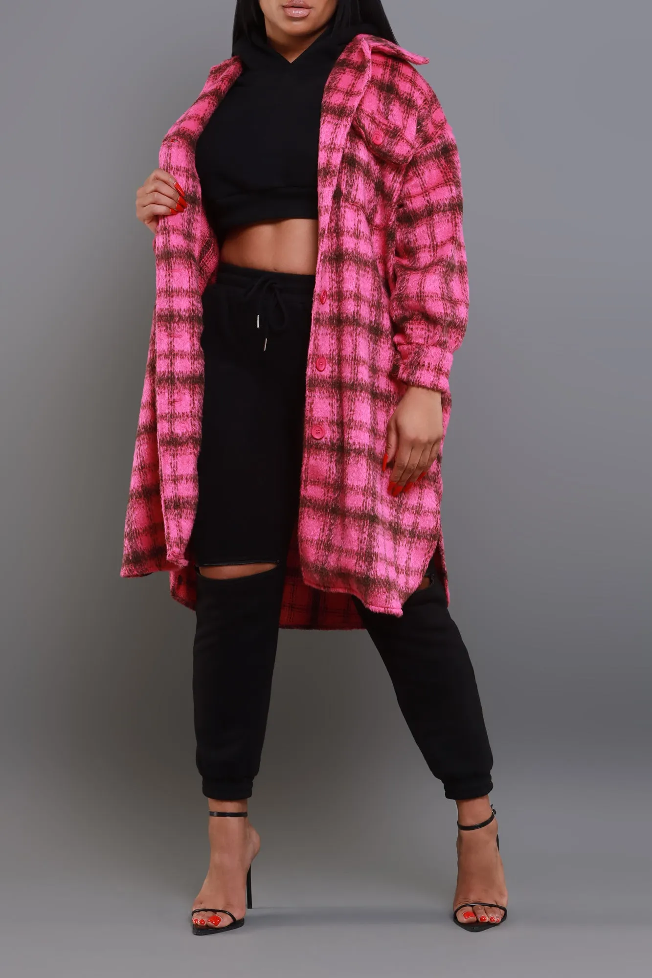 Stick With Me Oversized Flannel Coat - Pink