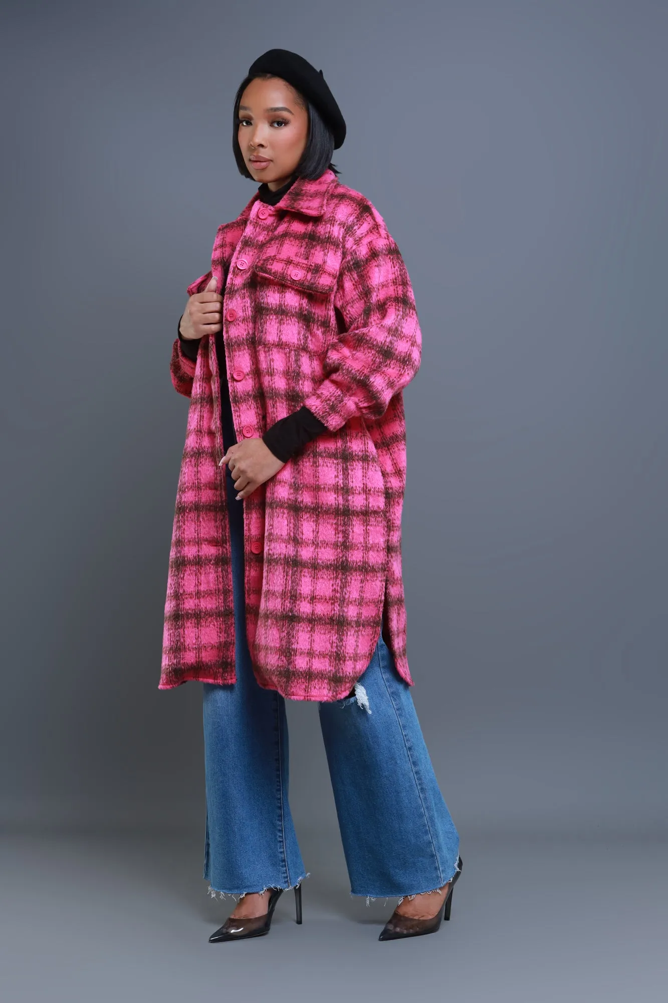 Stick With Me Oversized Flannel Coat - Pink