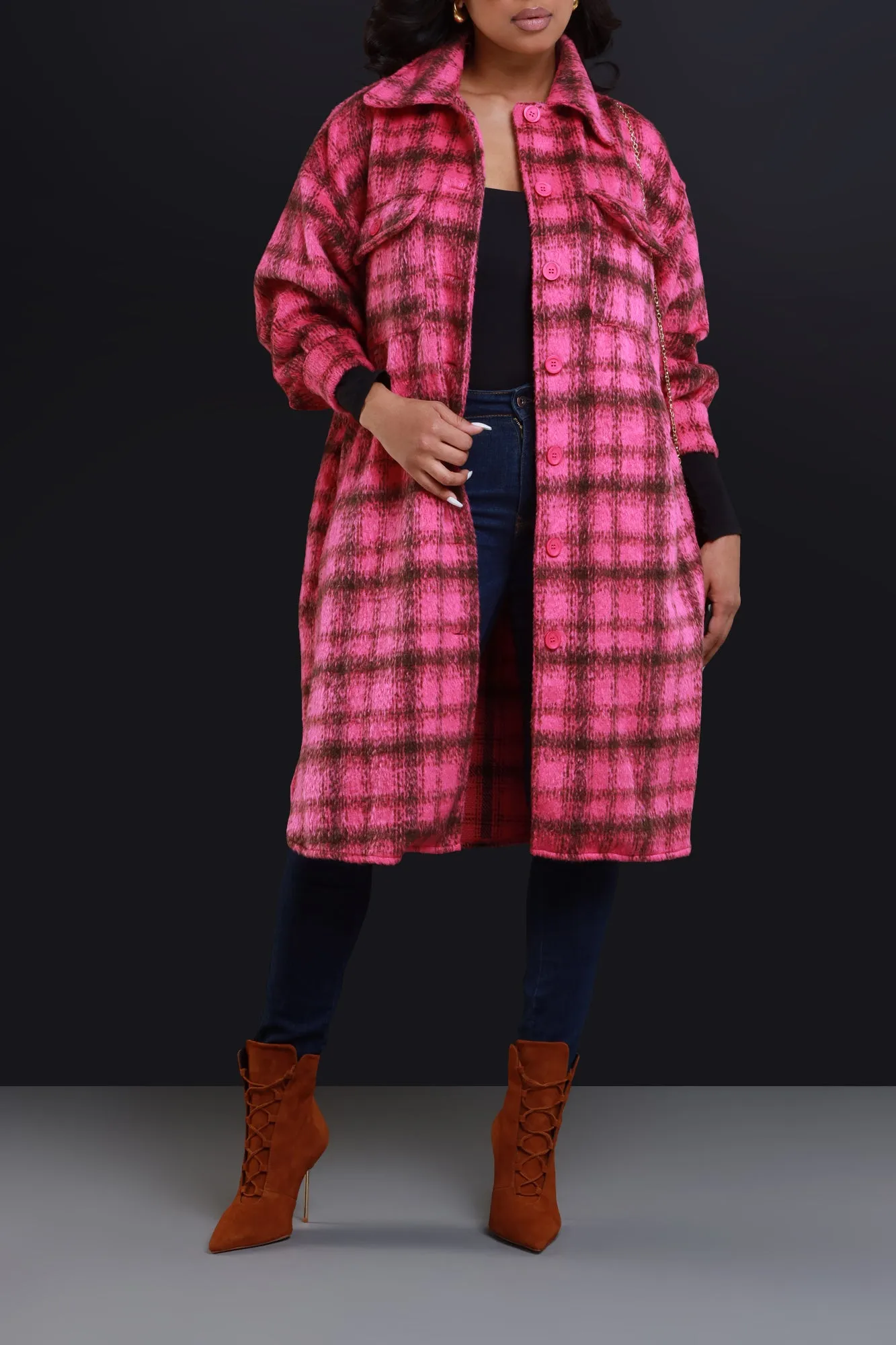 Stick With Me Oversized Flannel Coat - Pink