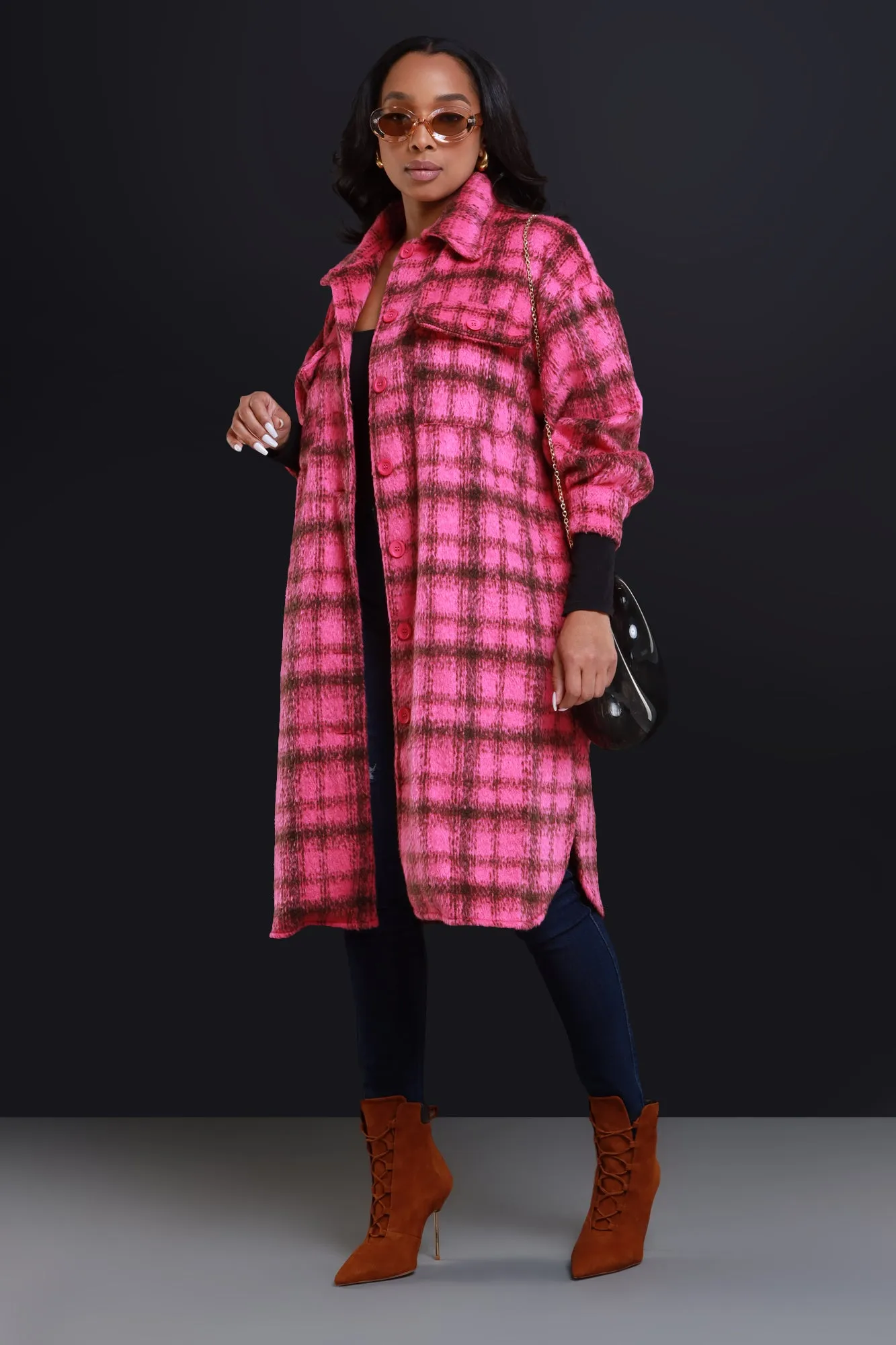 Stick With Me Oversized Flannel Coat - Pink