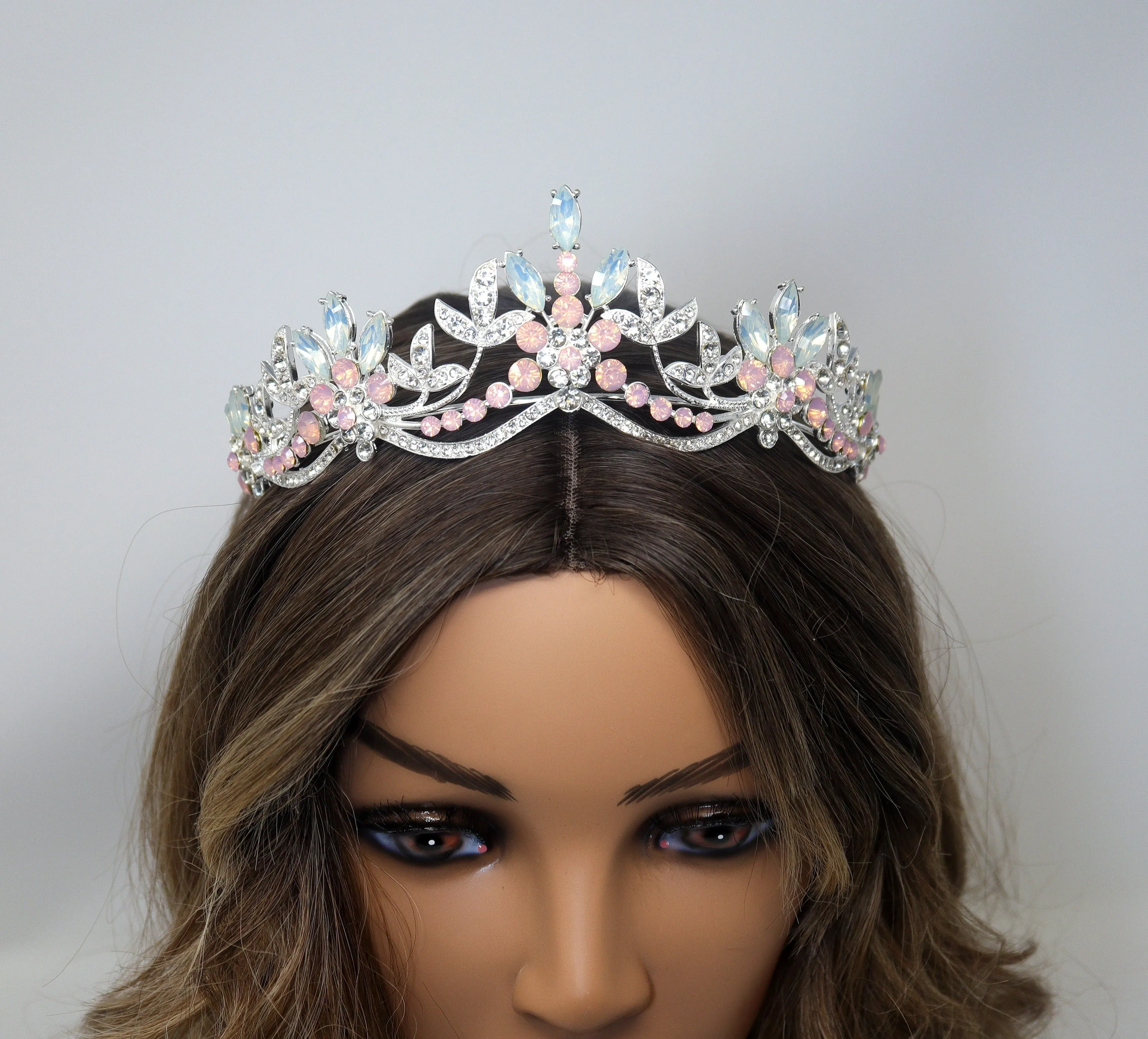Swarovski Crystal Something Blue And Pink Opal And Floral Leaves Tiara , Bridal Tiara, Wedding Tiara, Crystal Wedding Crown, Tiara Bride