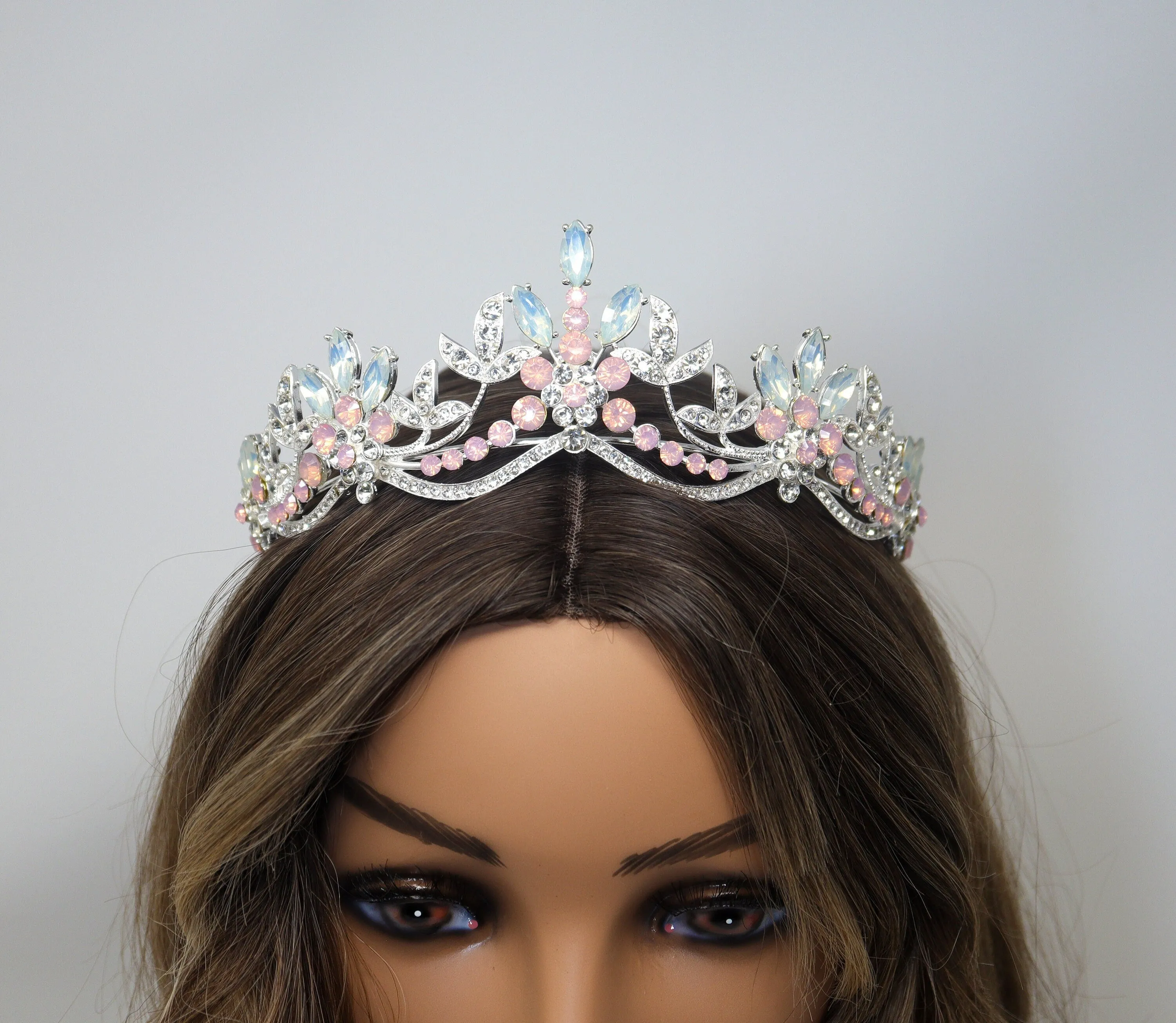 Swarovski Crystal Something Blue And Pink Opal And Floral Leaves Tiara , Bridal Tiara, Wedding Tiara, Crystal Wedding Crown, Tiara Bride